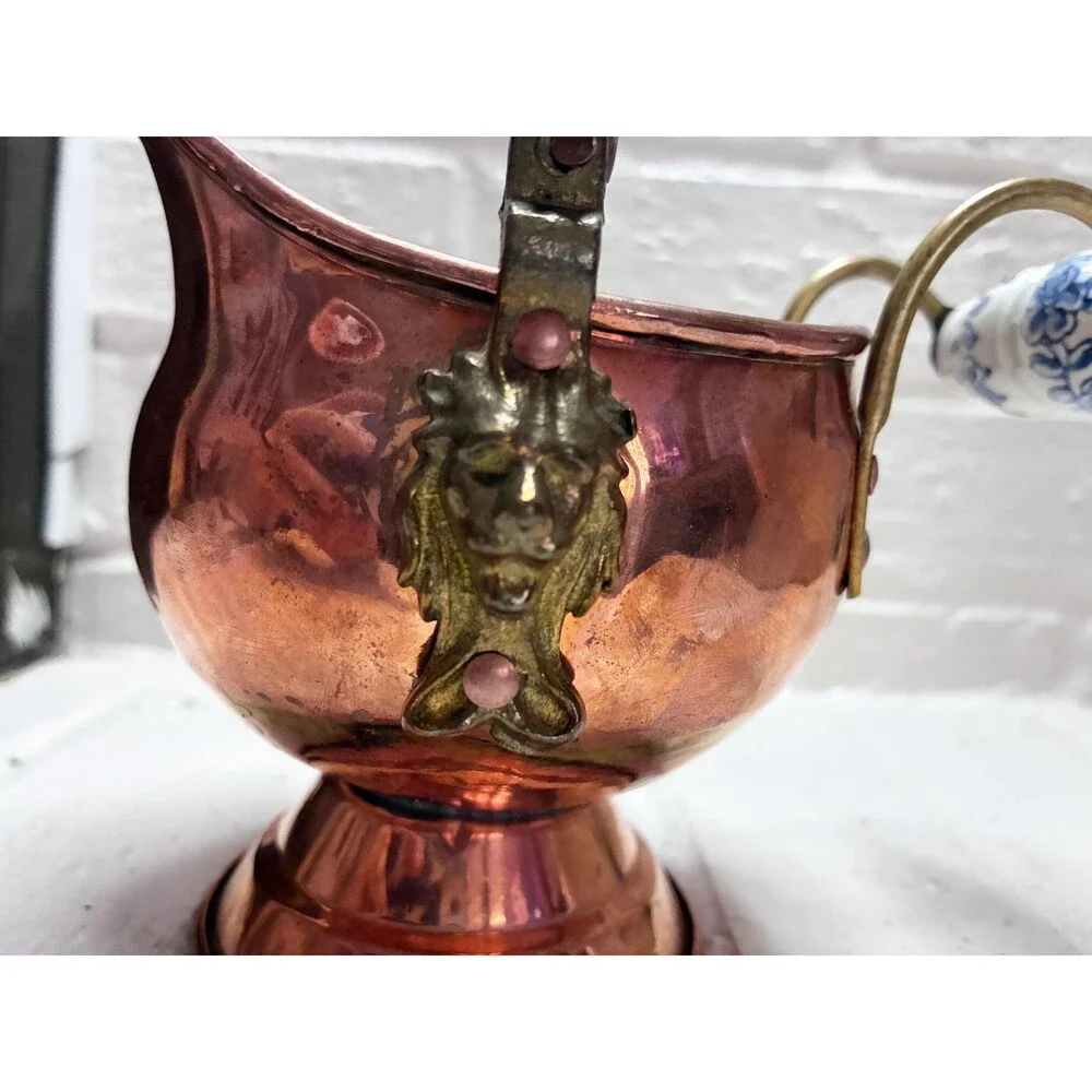 Small Copper Coal Scuttle Bucket Lion Heads Porcelain Handle Made in Ireland